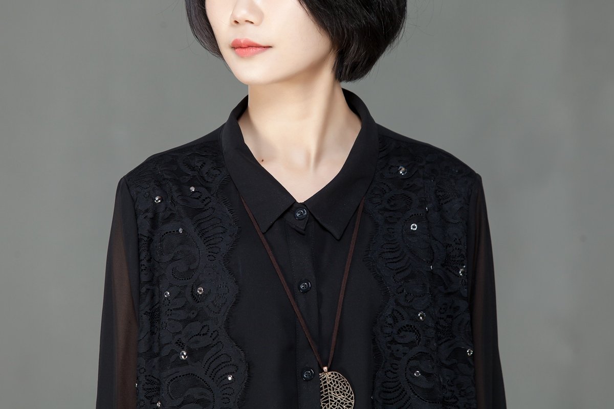 Spring Polo Collar Long Sleeve Women Black Dress