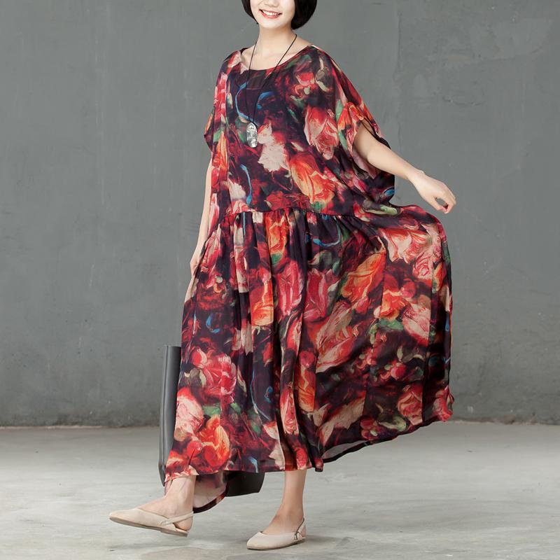 Spring Floral Printed Round Neck Short Sleeve Women Dress