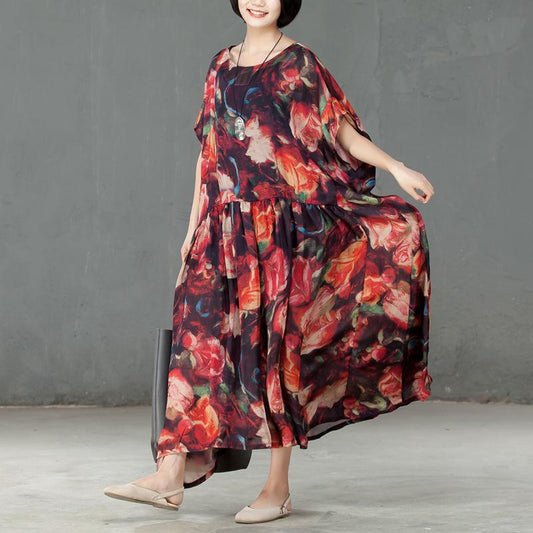 Spring Floral Printed Round Neck Short Sleeve Women Dress