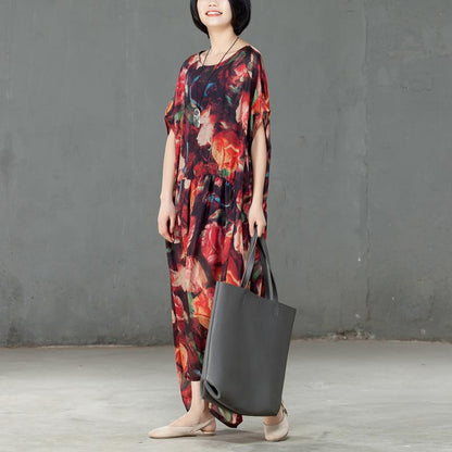 Spring Floral Printed Round Neck Short Sleeve Women Dress