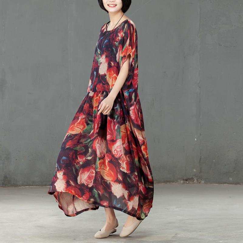 Spring Floral Printed Round Neck Short Sleeve Women Dress