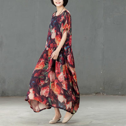Spring Floral Printed Round Neck Short Sleeve Women Dress
