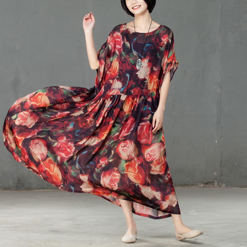 Spring Floral Printed Round Neck Short Sleeve Women Dress
