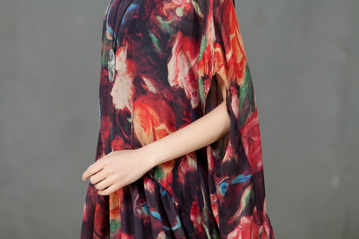 Spring Floral Printed Round Neck Short Sleeve Women Dress