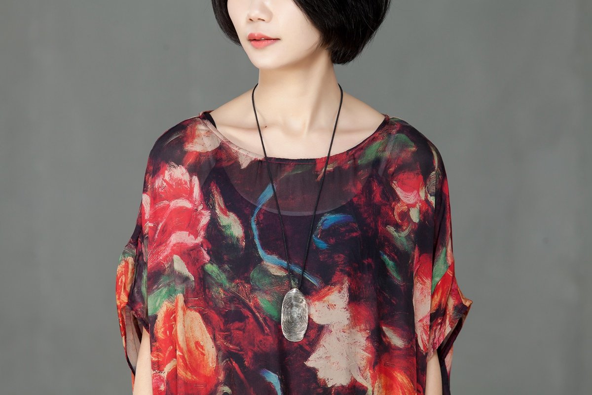 Spring Floral Printed Round Neck Short Sleeve Women Dress