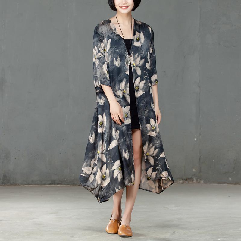Spring Printed Women Silk Pocket Cardigan Dress