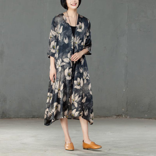 Spring Printed Women Silk Pocket Cardigan Dress
