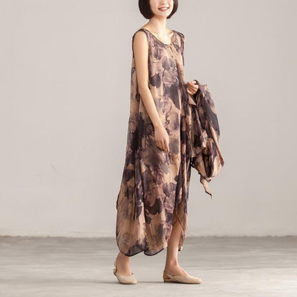 Two Piece Retro Printed Sleeveless Dress Cardigan Coat