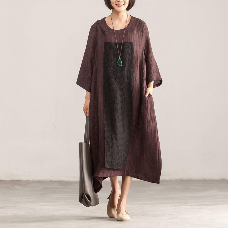 Splicing Loose Three Quarter Sleeve Wine Red Linen Dress