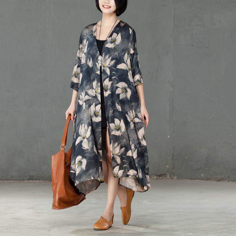Spring Printed Women Silk Pocket Cardigan Dress