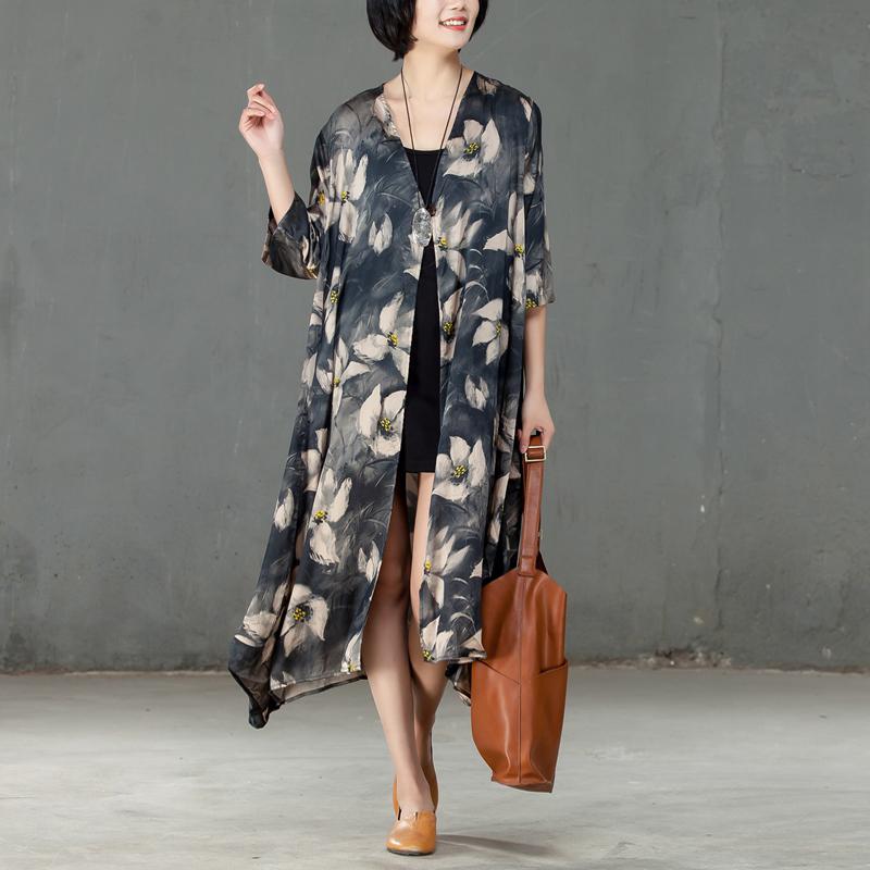 Spring Printed Women Silk Pocket Cardigan Dress