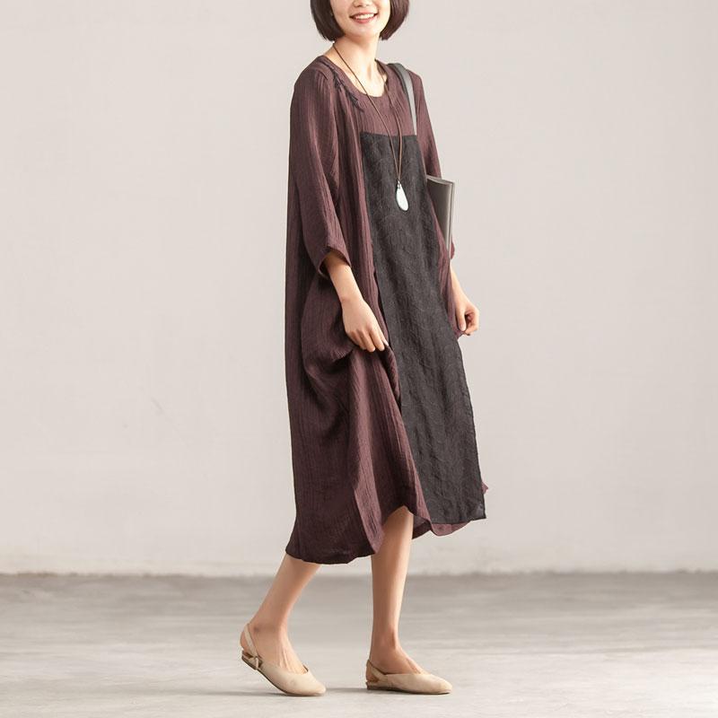 Splicing Loose Three Quarter Sleeve Wine Red Linen Dress