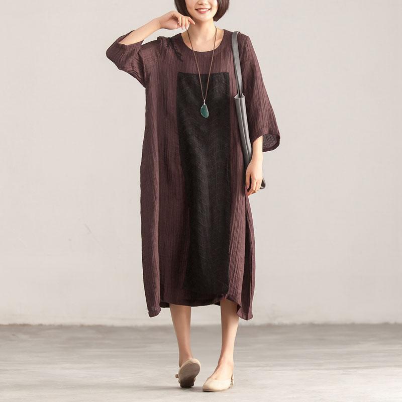 Splicing Loose Three Quarter Sleeve Wine Red Linen Dress