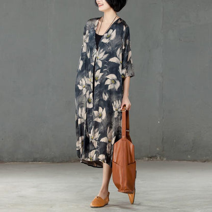 Spring Printed Women Silk Pocket Cardigan Dress