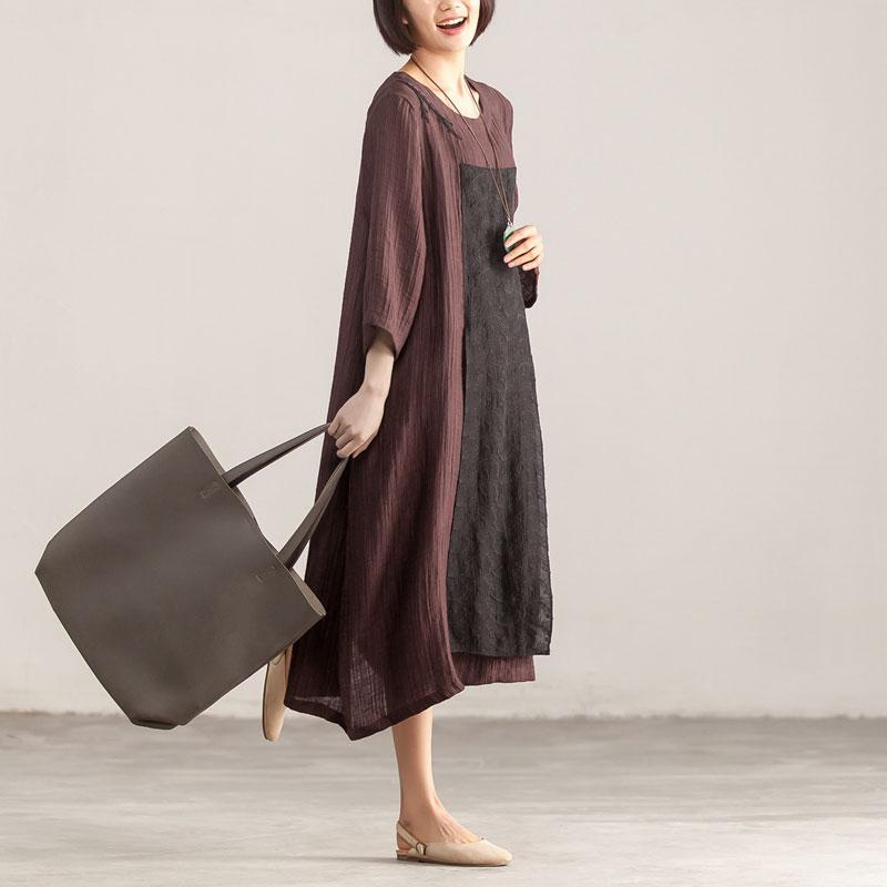 Splicing Loose Three Quarter Sleeve Wine Red Linen Dress