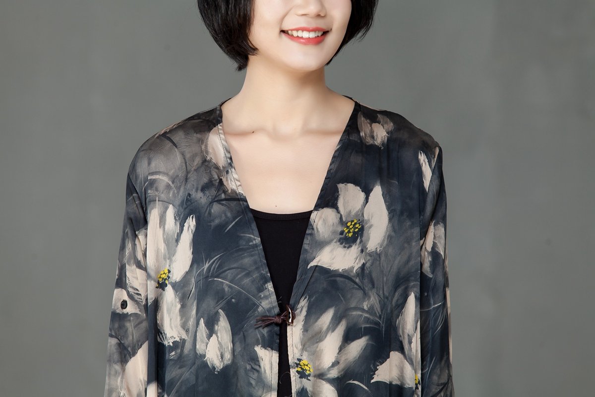 Spring Printed Women Silk Pocket Cardigan Dress