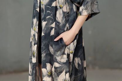 Spring Printed Women Silk Pocket Cardigan Dress
