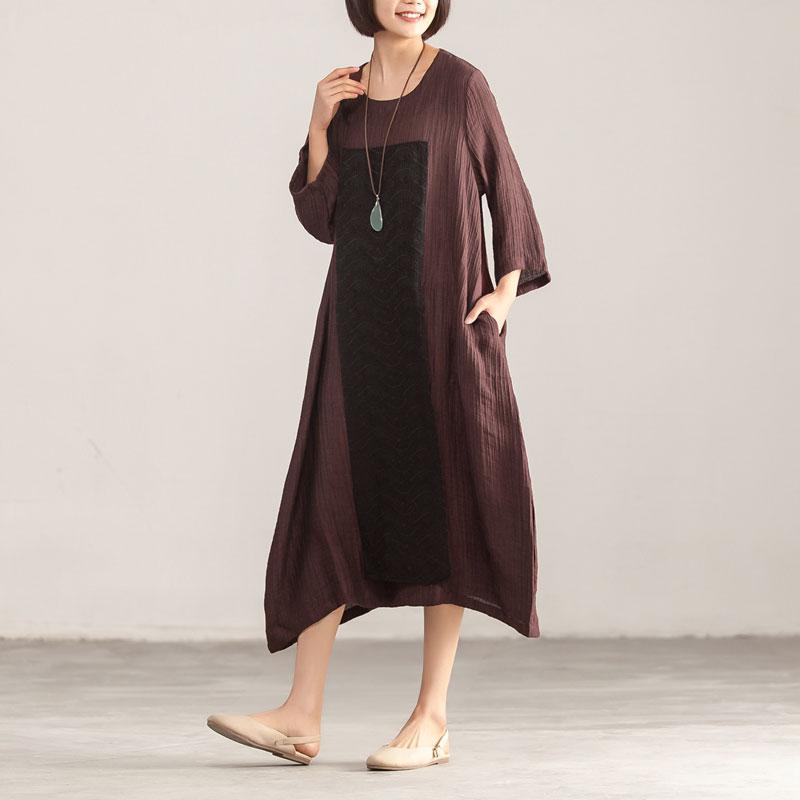 Splicing Loose Three Quarter Sleeve Wine Red Linen Dress
