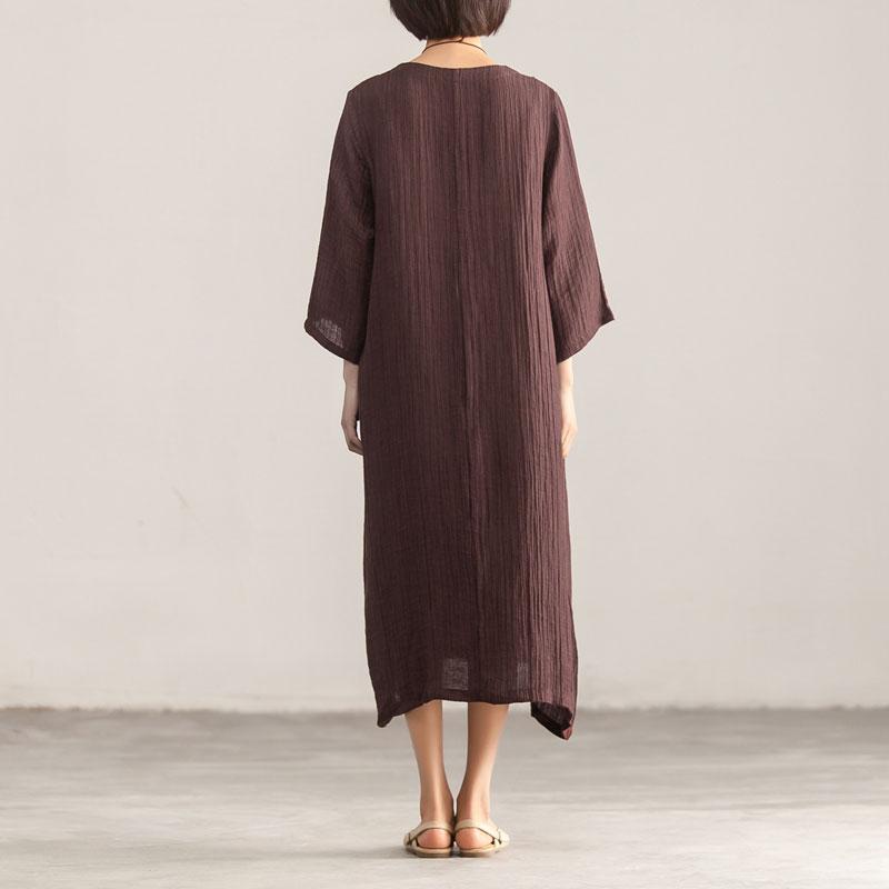 Splicing Loose Three Quarter Sleeve Wine Red Linen Dress