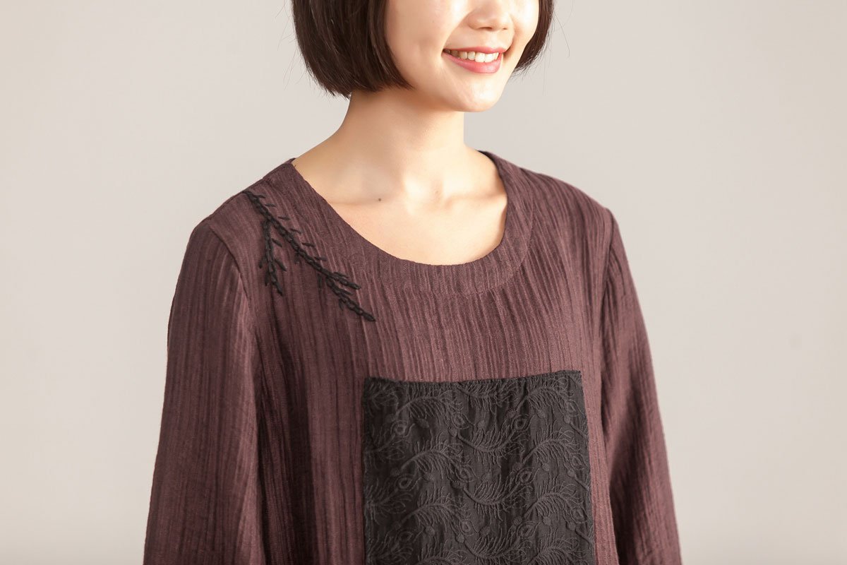 Splicing Loose Three Quarter Sleeve Wine Red Linen Dress