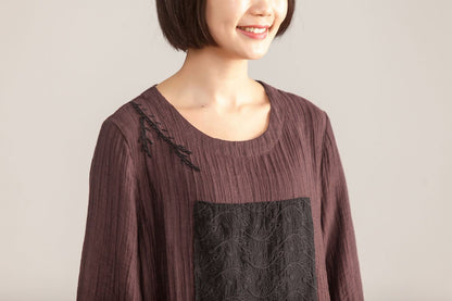 Splicing Loose Three Quarter Sleeve Wine Red Linen Dress
