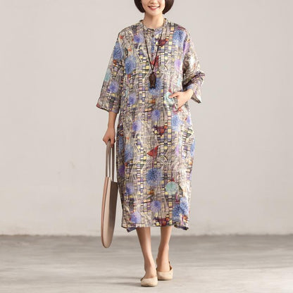 Retro Stand Collar Three Quarter Sleeve Printed Dress
