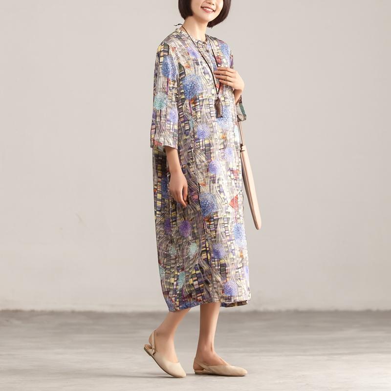 Retro Stand Collar Three Quarter Sleeve Printed Dress