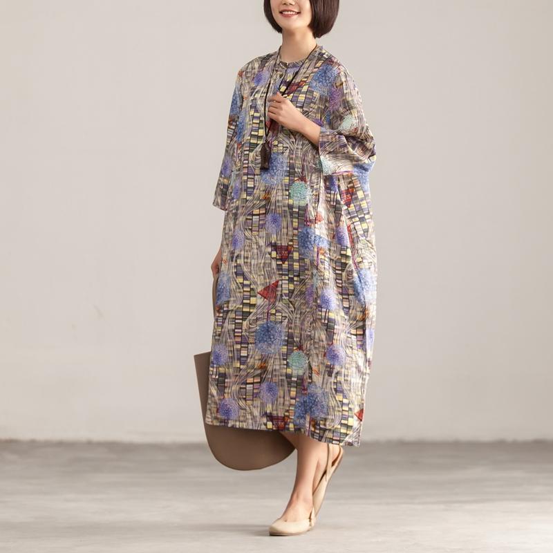 Retro Stand Collar Three Quarter Sleeve Printed Dress