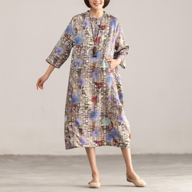 Retro Stand Collar Three Quarter Sleeve Printed Dress