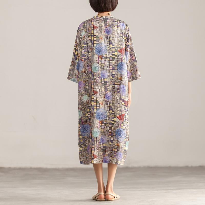 Retro Stand Collar Three Quarter Sleeve Printed Dress