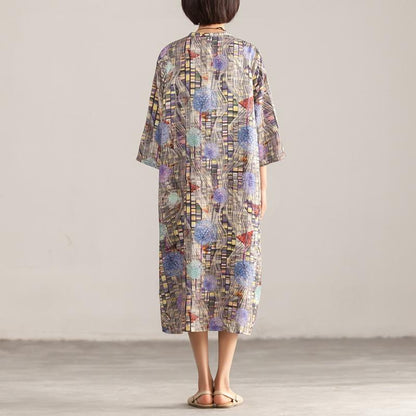 Retro Stand Collar Three Quarter Sleeve Printed Dress