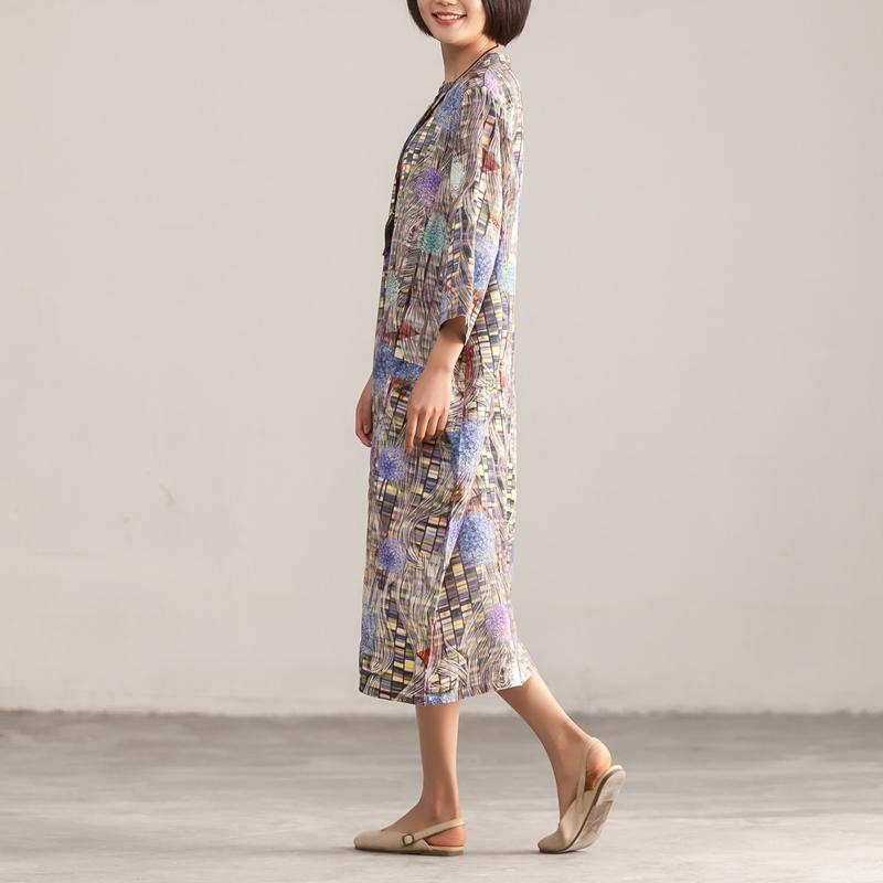 Retro Stand Collar Three Quarter Sleeve Printed Dress