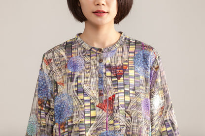 Stand Collar Three Quarter Sleeve Retro Printed Dress