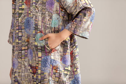 Stand Collar Three Quarter Sleeve Retro Printed Dress