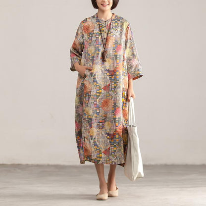 Stand Collar Three Quarter Sleeve Retro Printed Dress