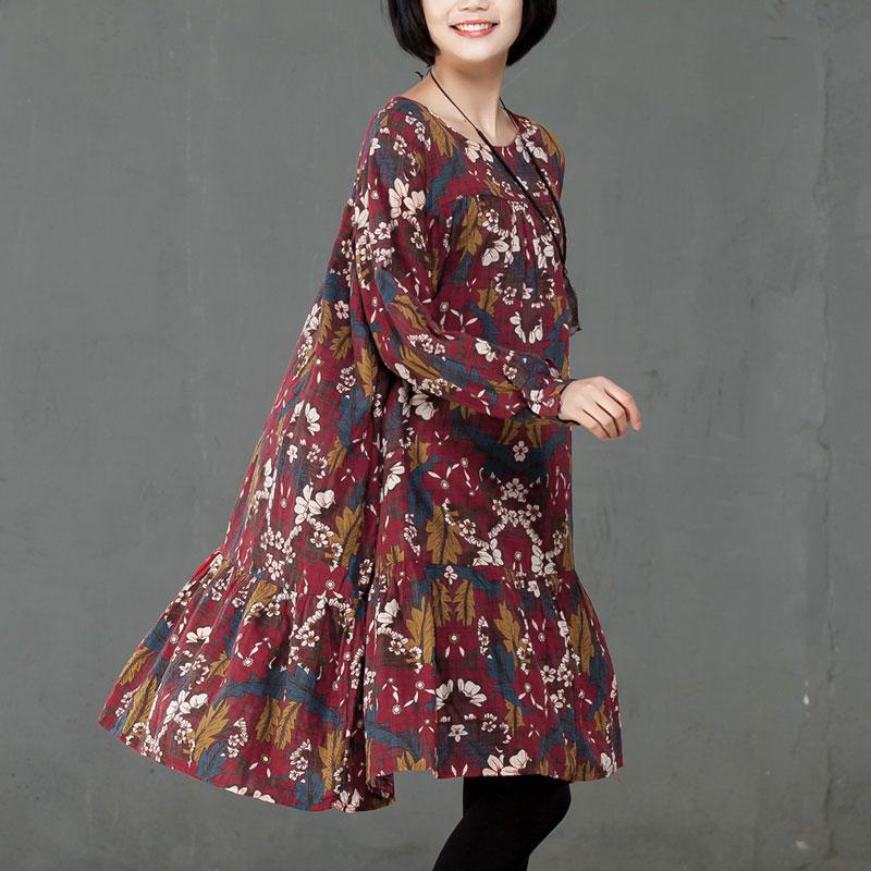 Retro Women Printed Cotton Long Sleeve Flower Dress