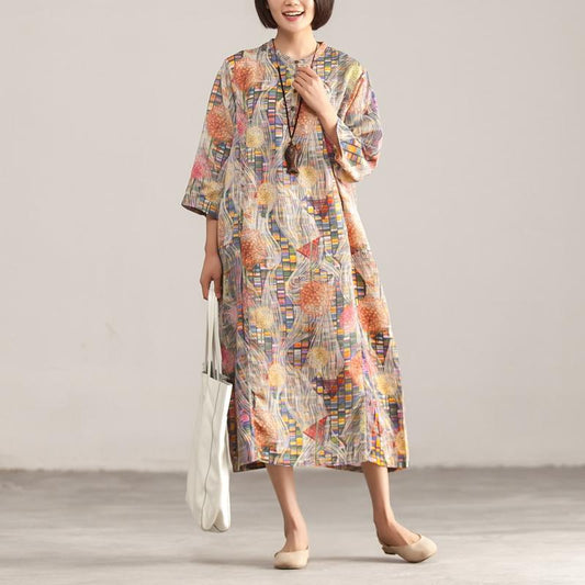 Stand Collar Three Quarter Sleeve Retro Printed Dress