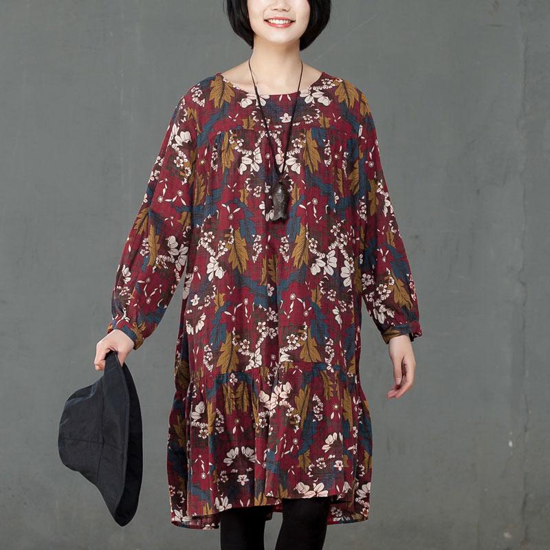 Retro Women Printed Cotton Long Sleeve Flower Dress