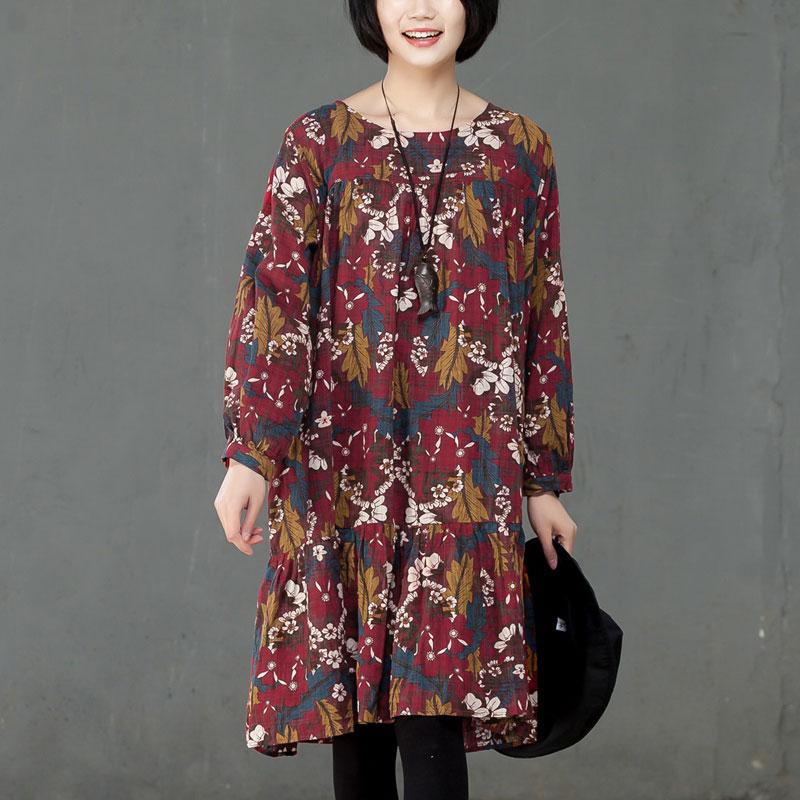 Retro Women Printed Cotton Long Sleeve Flower Dress