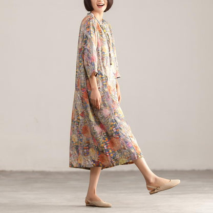 Stand Collar Three Quarter Sleeve Retro Printed Dress