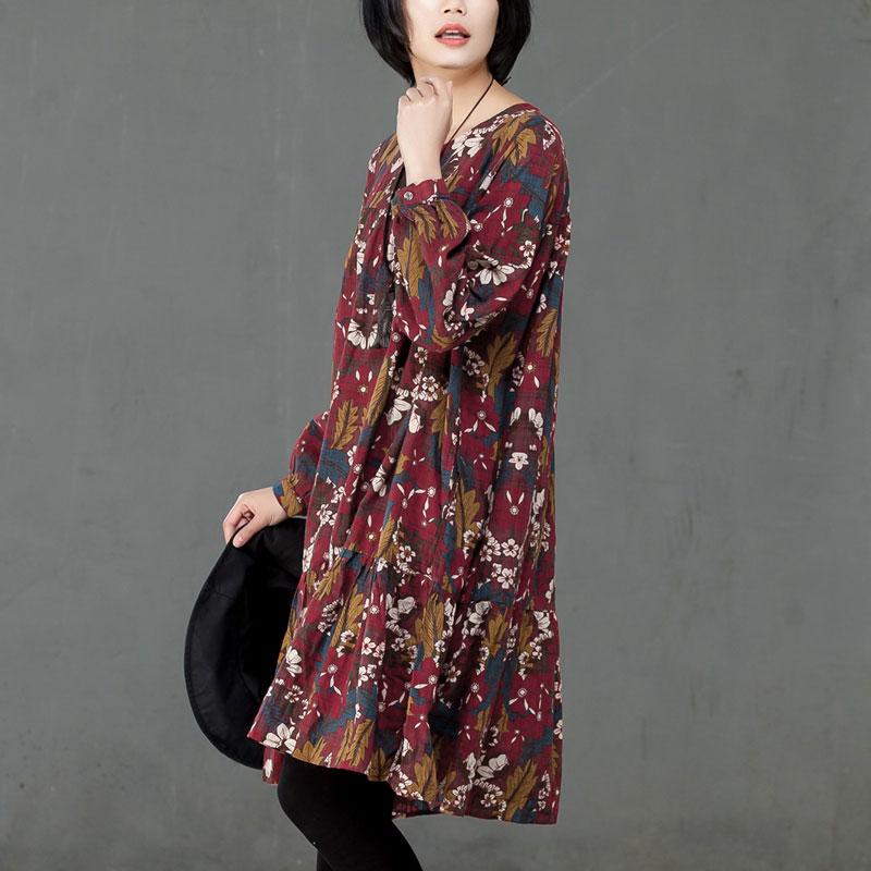 Retro Women Printed Cotton Long Sleeve Flower Dress