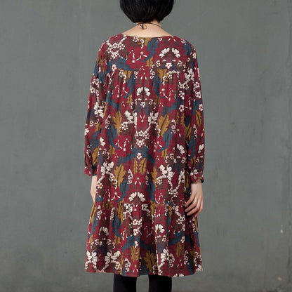 Retro Women Printed Cotton Long Sleeve Flower Dress