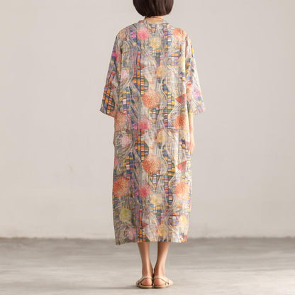 Stand Collar Three Quarter Sleeve Retro Printed Dress