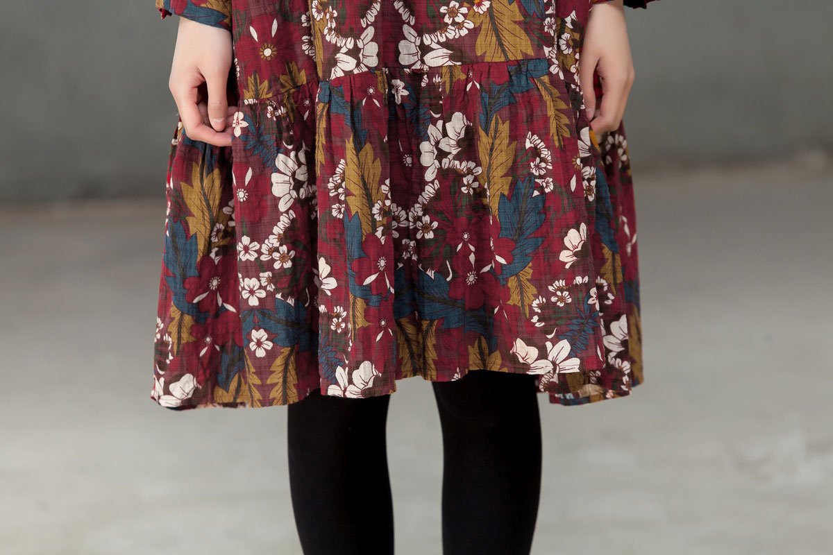 Retro Women Printed Cotton Long Sleeve Flower Dress