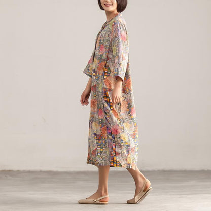 Stand Collar Three Quarter Sleeve Retro Printed Dress