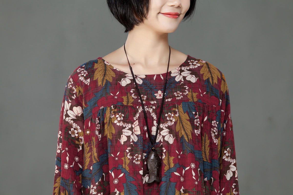 Retro Women Printed Cotton Long Sleeve Flower Dress