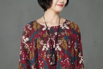 Retro Women Printed Cotton Long Sleeve Flower Dress