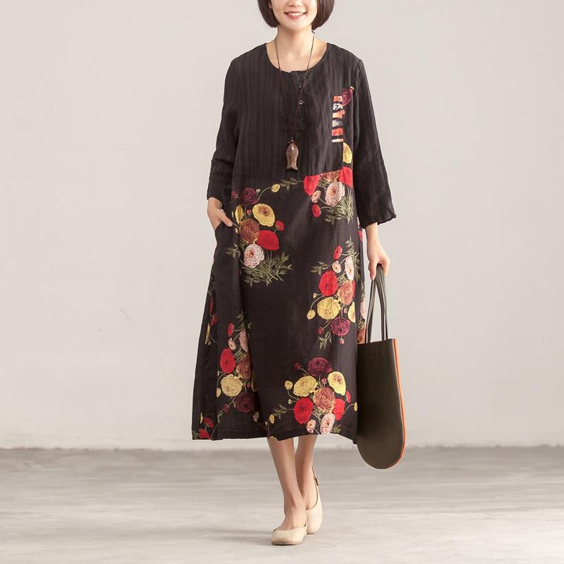 Three Quarter Sleeve Round Neck Cotton Linen Printed Dress