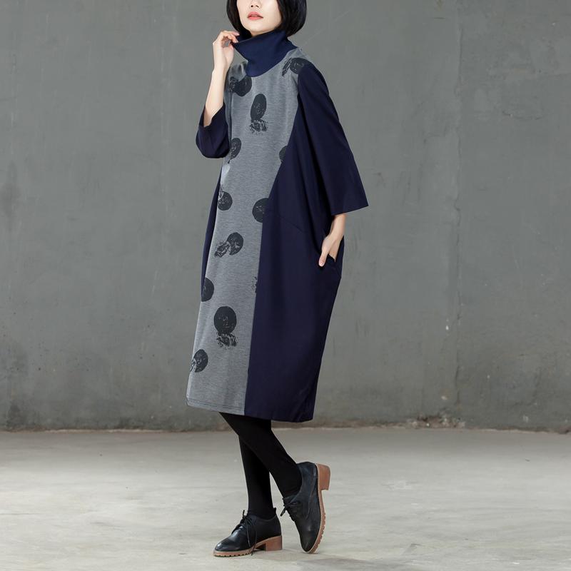 Splicing Turtle Neck Women Spring Autumn Printed Dress