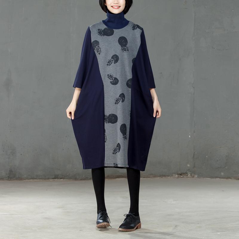 Splicing Turtle Neck Women Spring Autumn Printed Dress